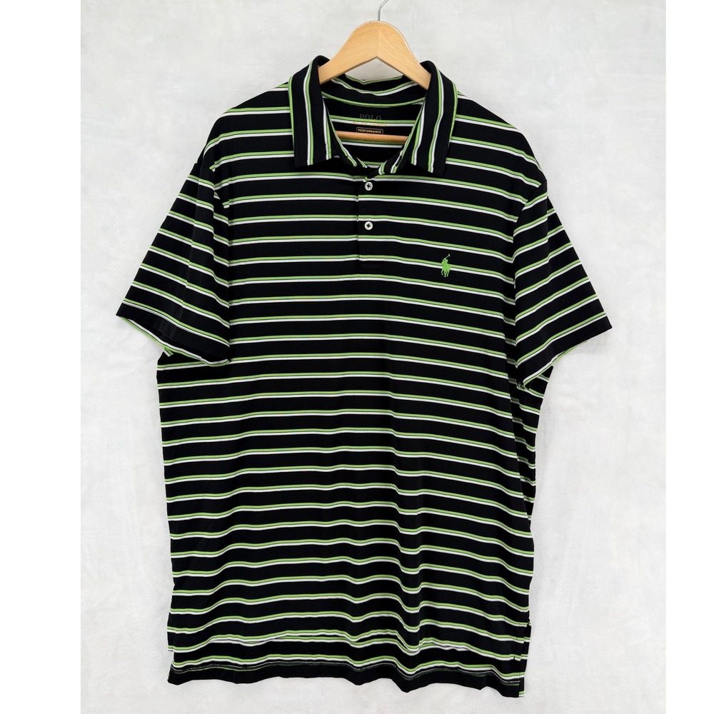 Polo Ralph Lauren Performance Mens XL Polo Shirt Black Lime Green Striped Golf